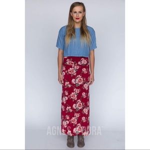 Agnes & Dora Rosettes Maxi Skirt Small Red Floral Silky New With Tags